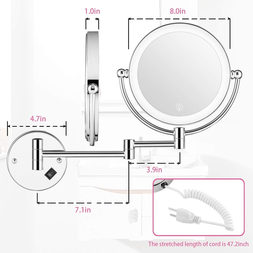 Wall Mounted Lighted Makeup Mirror with Magnification,Wall Mount Magnifying Mirr