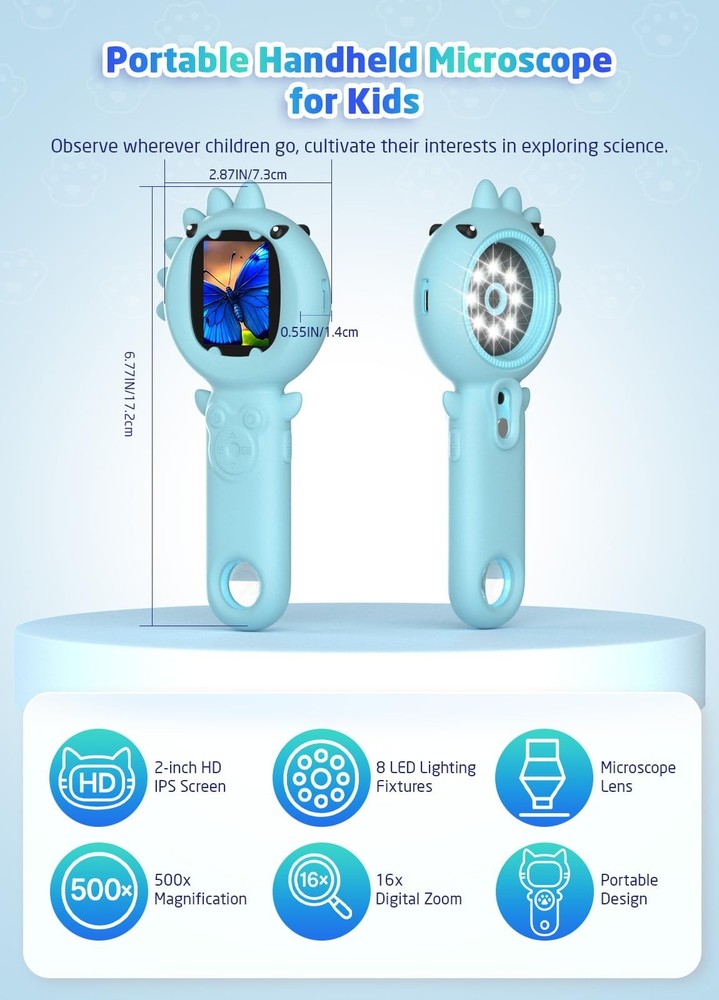 2-in-1 Microscope Camera for Kids, Mini Handheld Blue Dinosaur