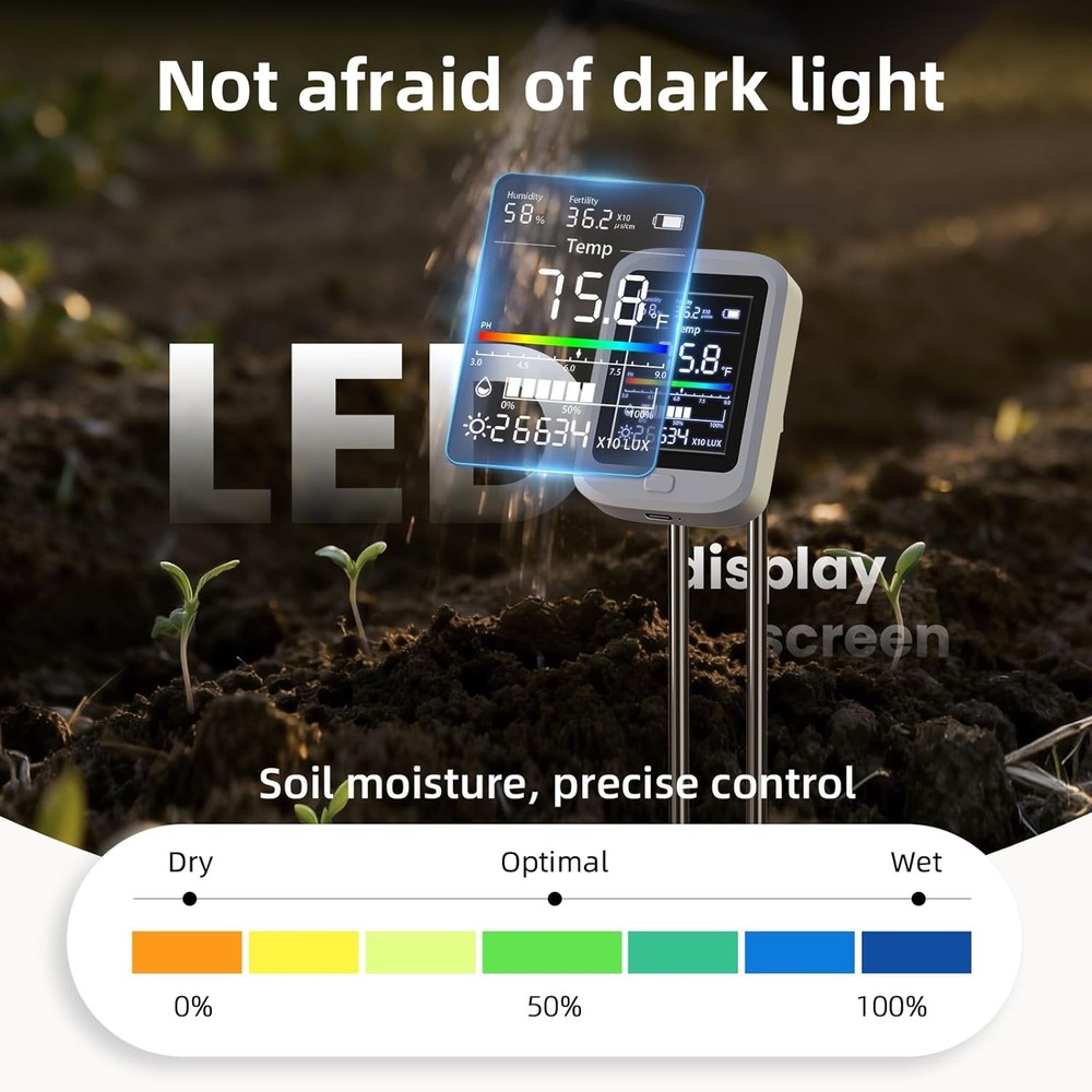 6-in-1 Digital Soil Moisture Meter with pH Nutrient Light Temperature Humidity