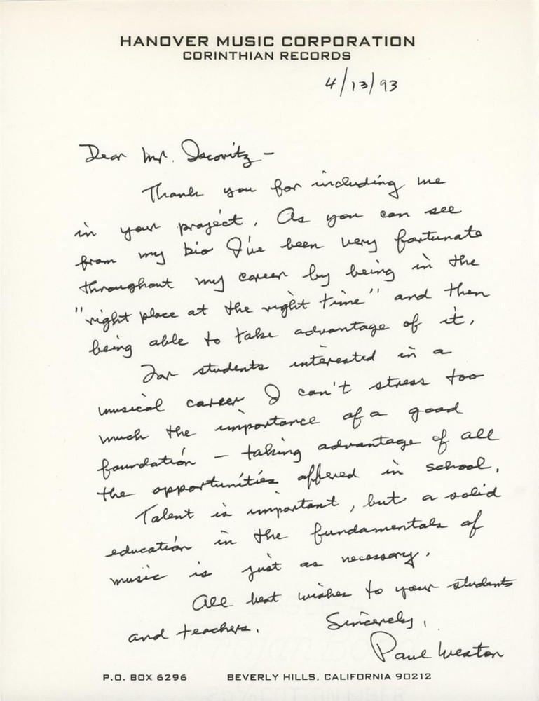 Paul Weston- Signed Handwritten Letter