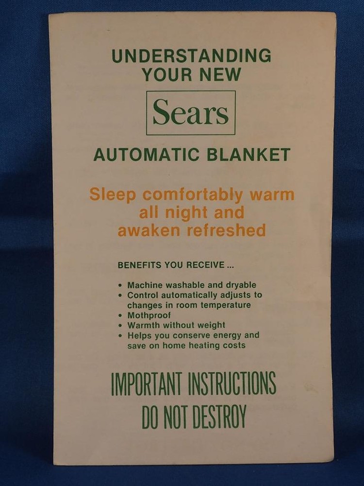 Sears Automatic Blanket Instruction Manual
