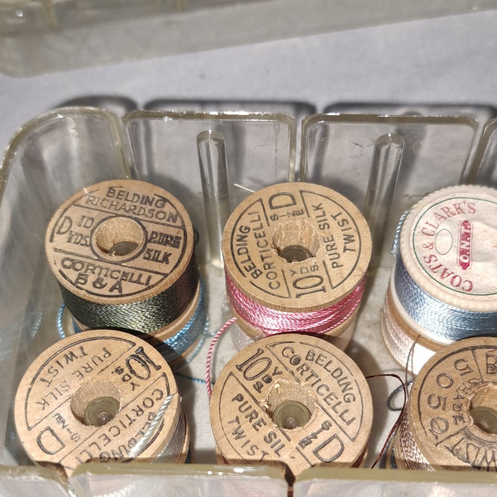 Vintage Sewing Thread, Wood Spolls & Storage Box