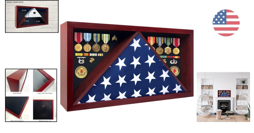 Solid Wood Military Flag Display Case - Velvet Lining & Plexiglass