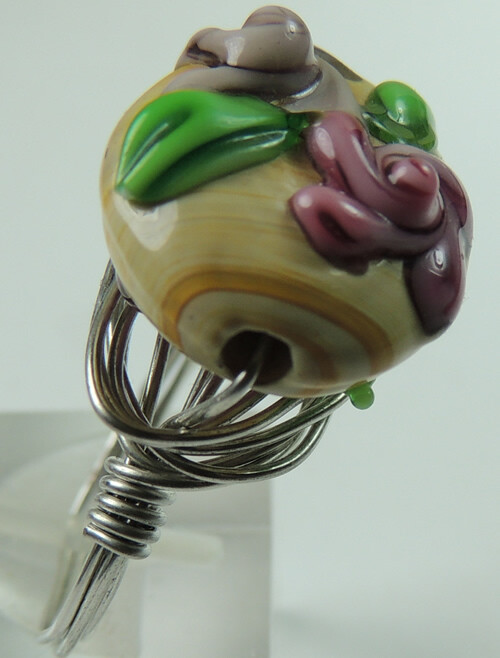 Wire Wrapped Lampwork Floral Bead Ring Handcrafted