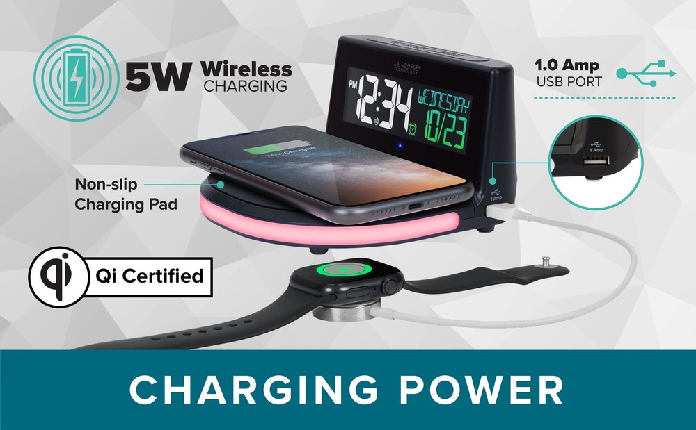 Wireless Charging Digital Alarm Clock with Glowing Lighted Base Auto-Dim Bedroom