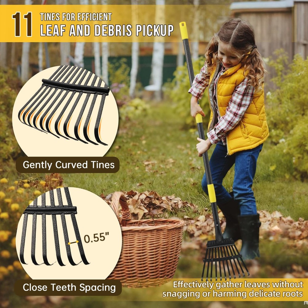 Leaf Rake, Small Rake for Leaves with 30"-60" Adjustable 5 FT, Black, Yellow
