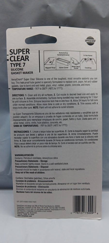 VersaChem Super Clear Silicone Gasket Maker Type 7 Clear 3oz (2 Pack)
