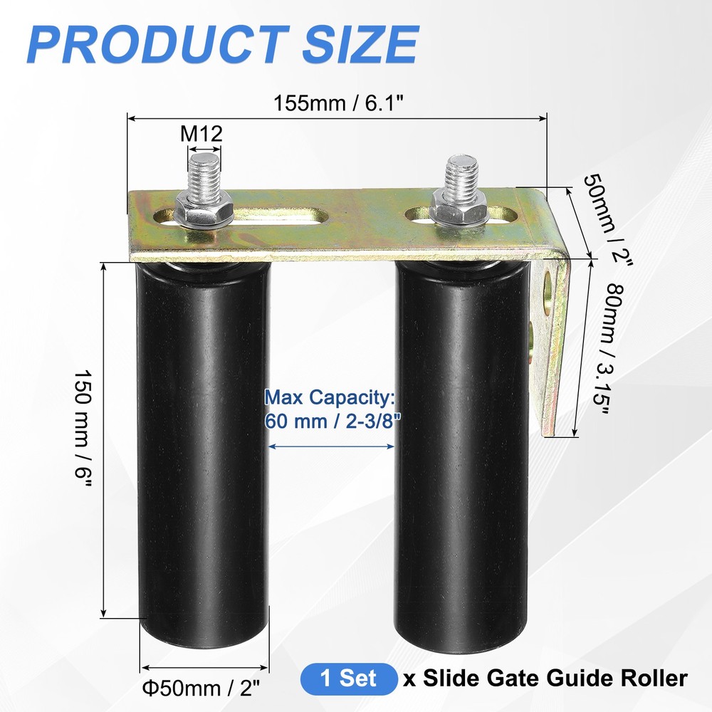 1Set Slide Gate Guide Roller, 6" Nylon Gate Support Rollers with Bracket, Black