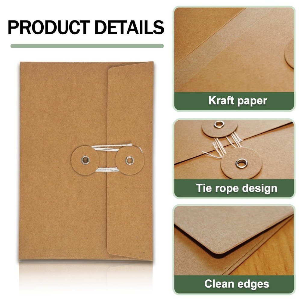40 Pcs Kraft Paper Envelopes with String Tie Closure Project Pockets Document...