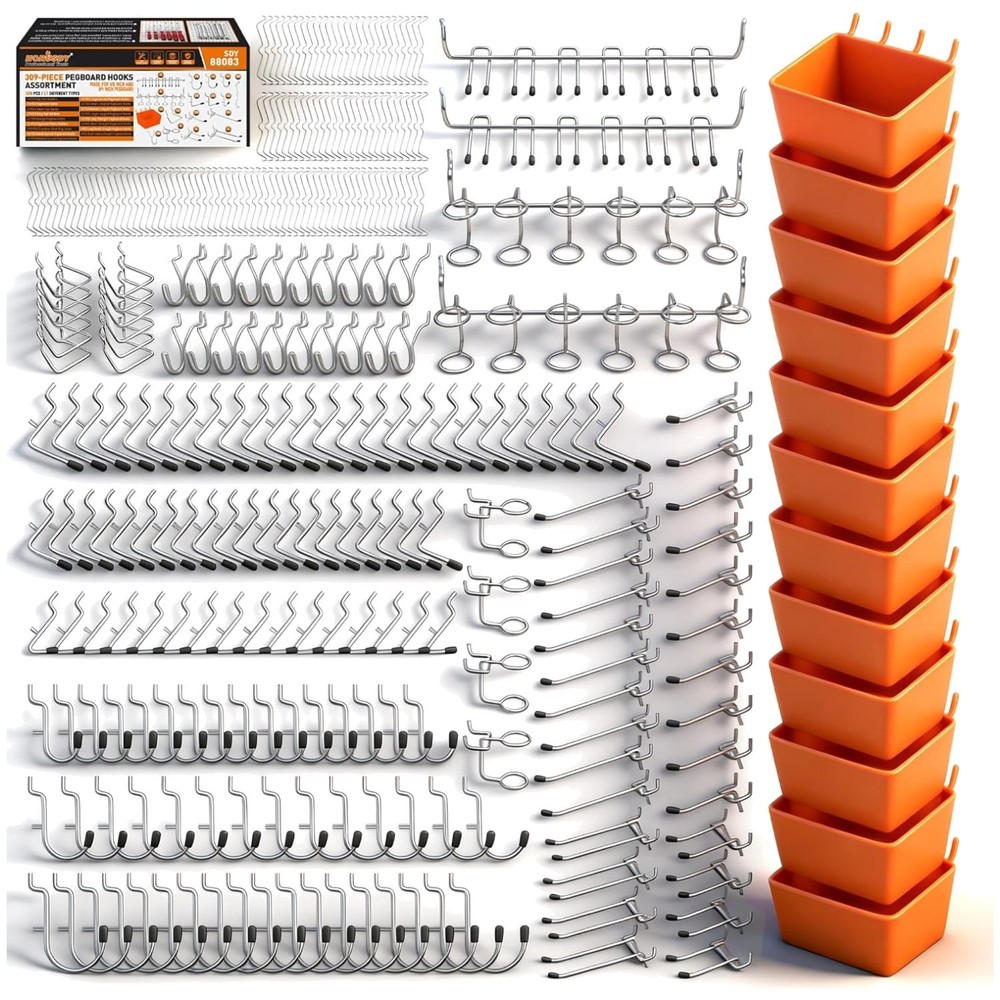 Heavy-Duty Pegboard Hooks & Bins - Garage Workshop Organizer