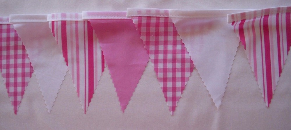 6 MT Pink Mini Bunting Candy Floss Gingham Striped pink & white 32 flags