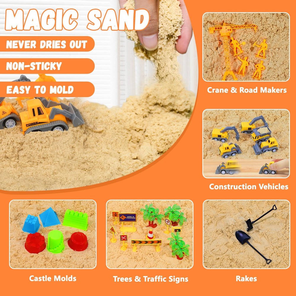 Construction Sensory Bin with Lid, 2.2lbs Sand & 5 Construction Trucks, Senso...