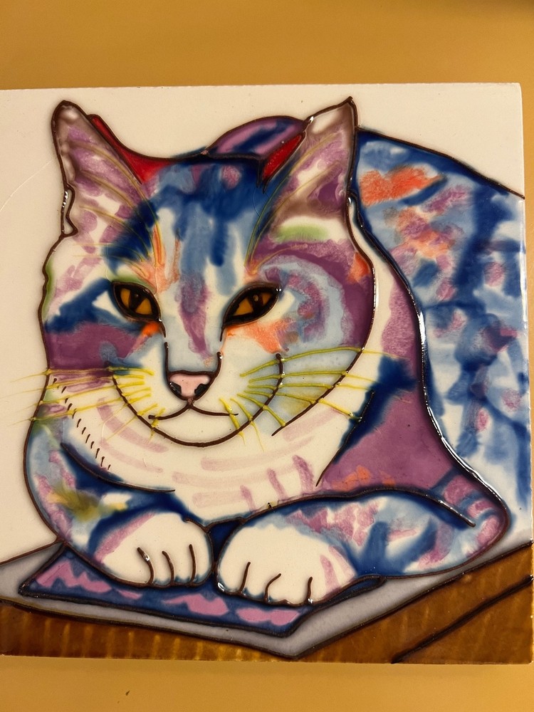 Ceramic Cat Art Tile Wall or Trivet - 6” - Hand painted .