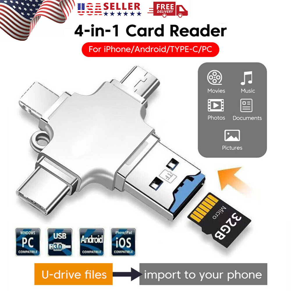 4 in 1 OTG Card Reader USB Micro TF Memory Card Adapter For iPhone 17 Android PC