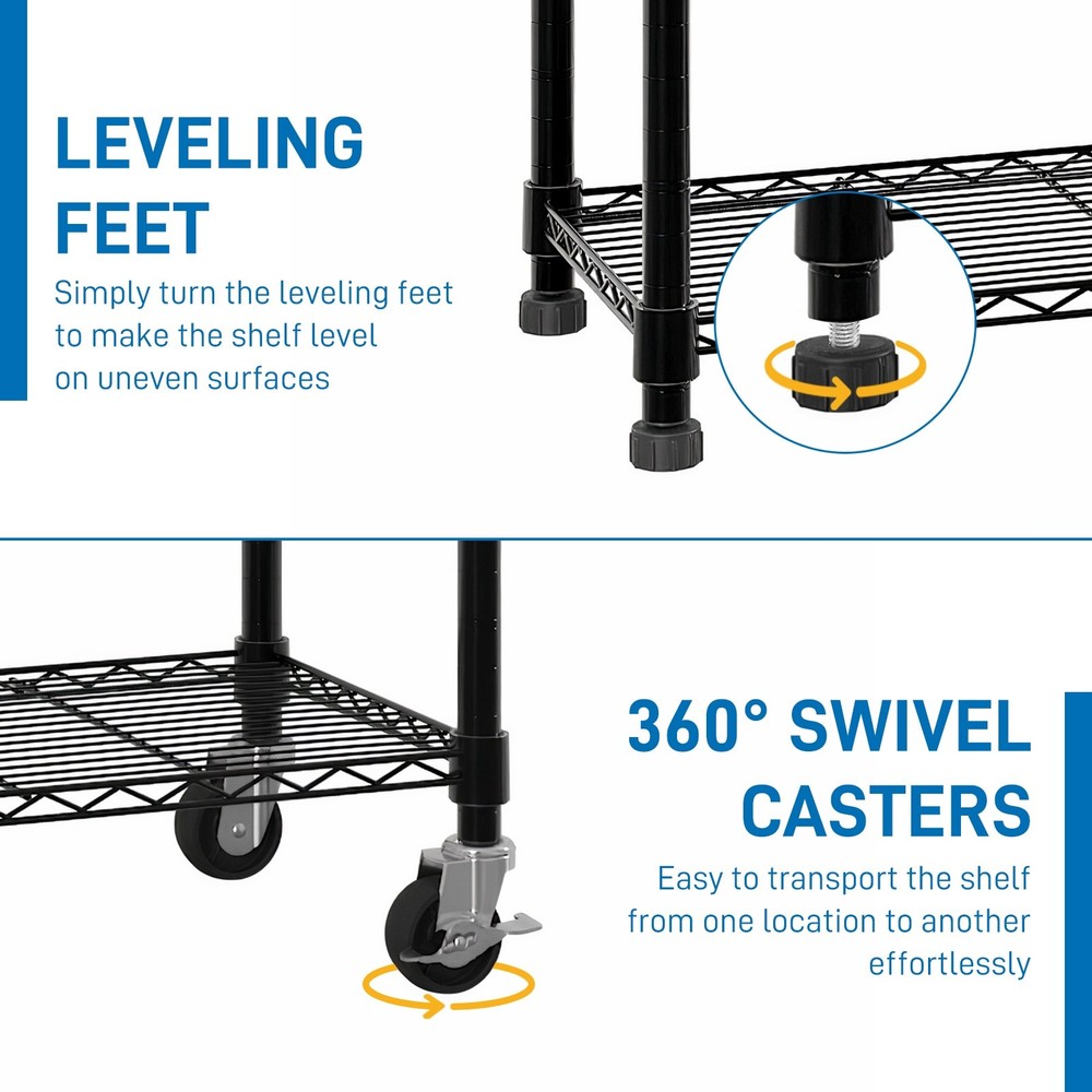 6-Tier Rolling Wire Shelving Unit - Heavy Duty, Adjustable, Black & Hooks