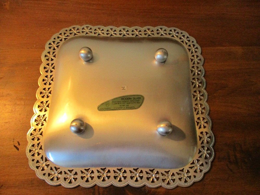MS MODERN SILVER FILIGREE EDGE SILVERPLATE FOOTED PLATTER TRAY