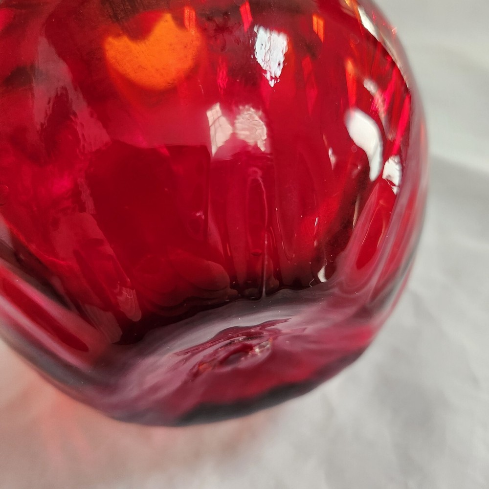 Vintage Ruby Red Small Pitcher Ruffle Top Art Glass Applied Clear Handle AS IS