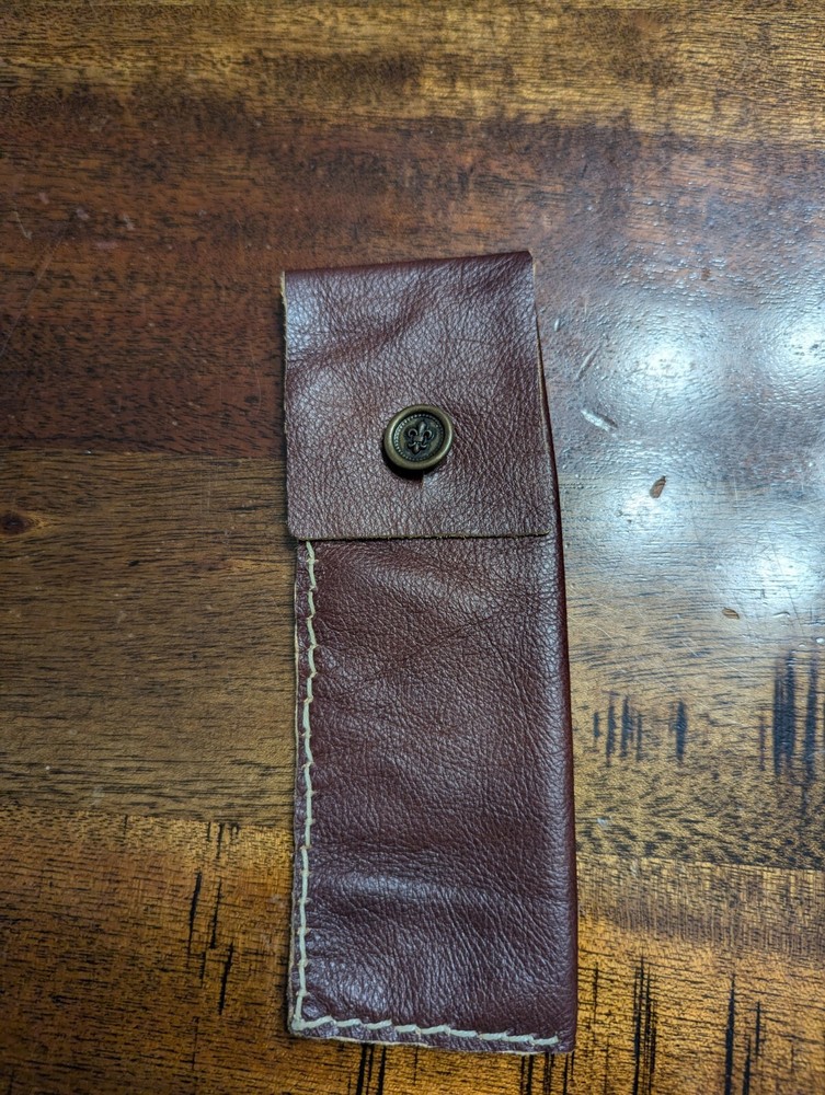 Handmade Brown Thin Leather Pen Bag With Fleur-De-Lis Button