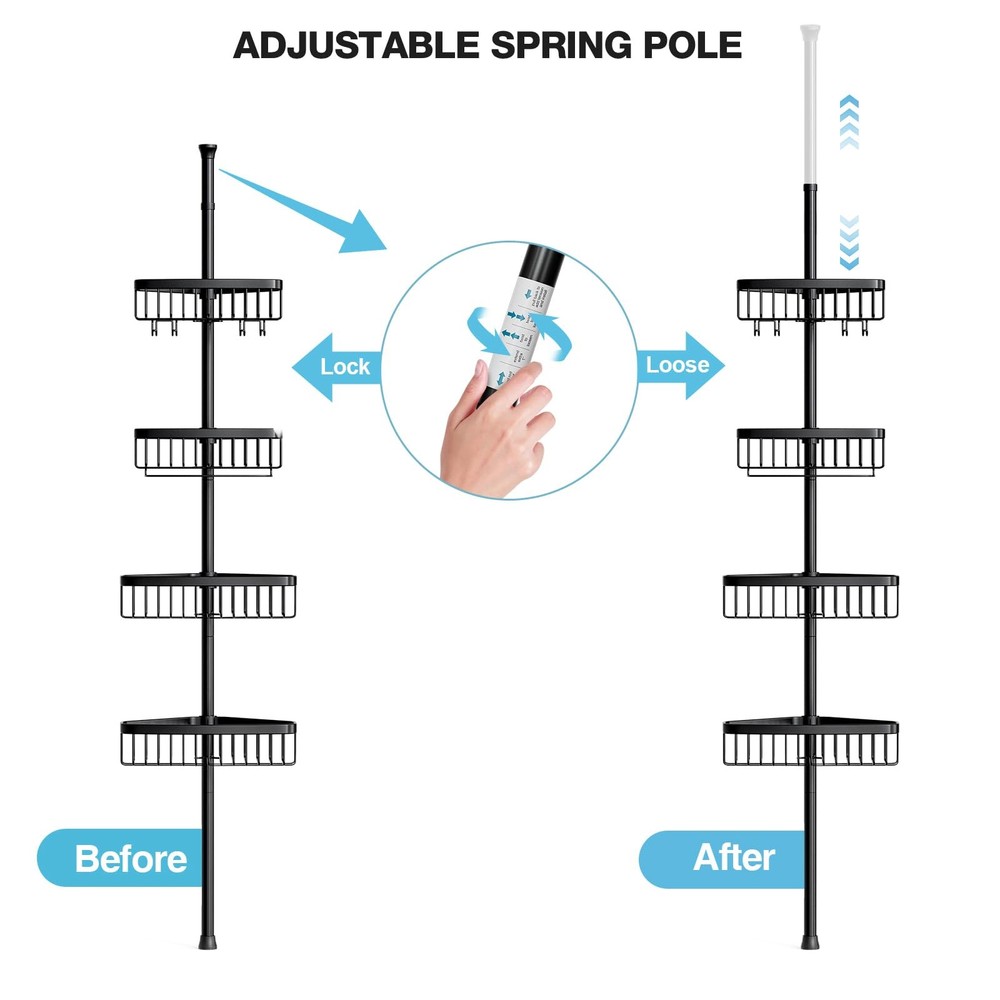 Corner Shower Caddy Tension Pole: Adjustable Rustproof 4-Tier Inside Bathroom...