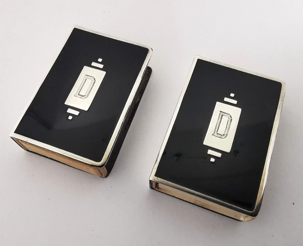 Pair Of Solid Silver & Enamel Match Box Holders.