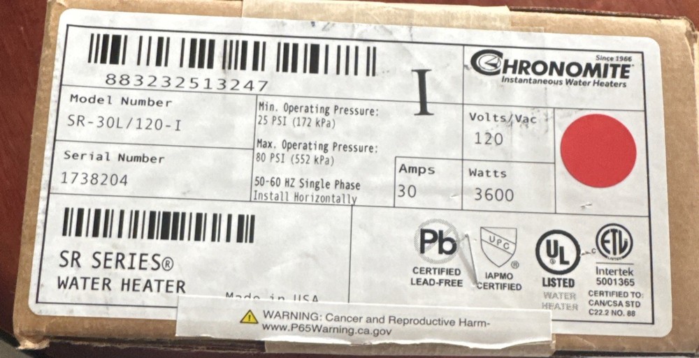 Chronomite S-30L Electric Heater 110-120V Tankless Instant-Flow Hot Water 30 Amp