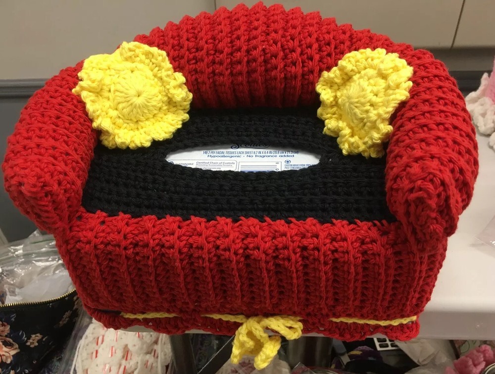 Sofa Style Tissue Box Cover Handmade Crochet - Red, Black And Yellow