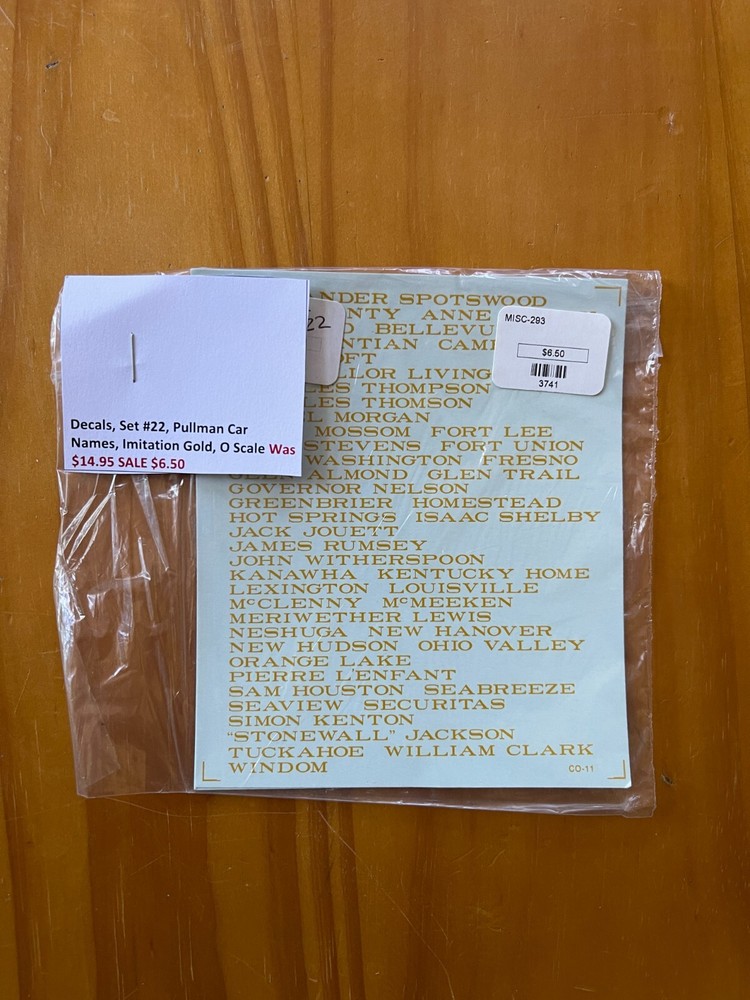 Decals, Pullman Car Names, Imitation Gold, O Scale Set #22 Model Trains New
