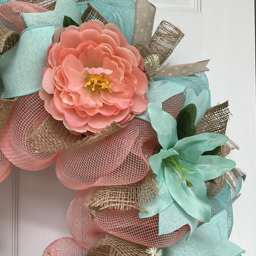 Melon and Mint Spring Floral Wreath Handmade Deco Mesh