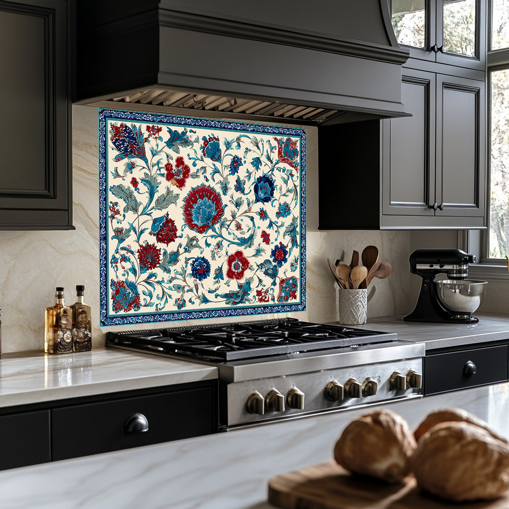 Ottoman Inspired Turkish Glass Backsplash Tile, Decorative Kitchen Splashback