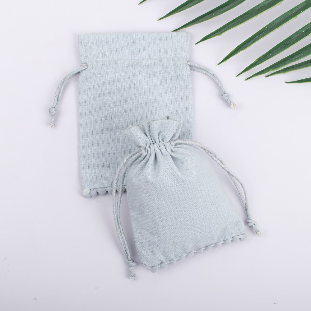 75Pcs Drawstring Bottom Pom-Pom Reusable Cotton Light Gray Luxury Gift Pouch3x4"