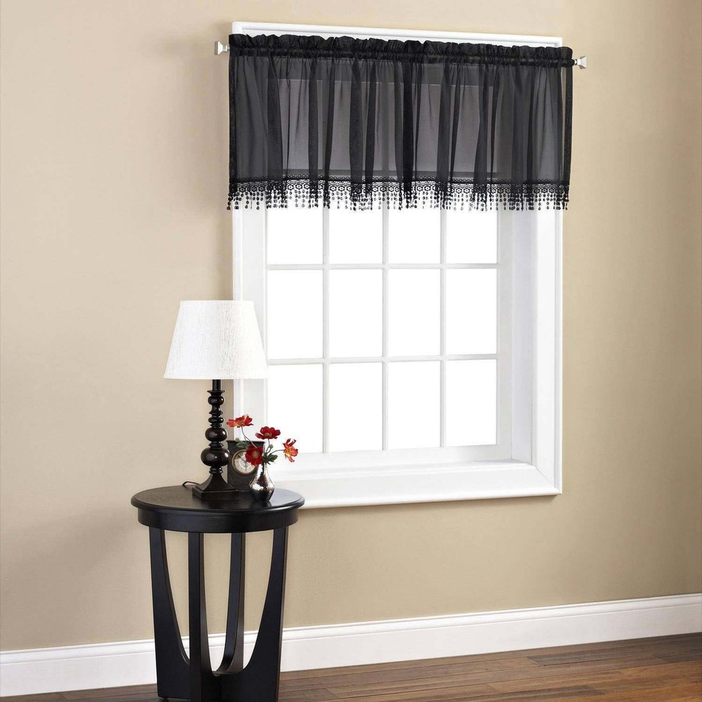 Macrame Tailored Curtain Valance, 50"L x 18"W, Black