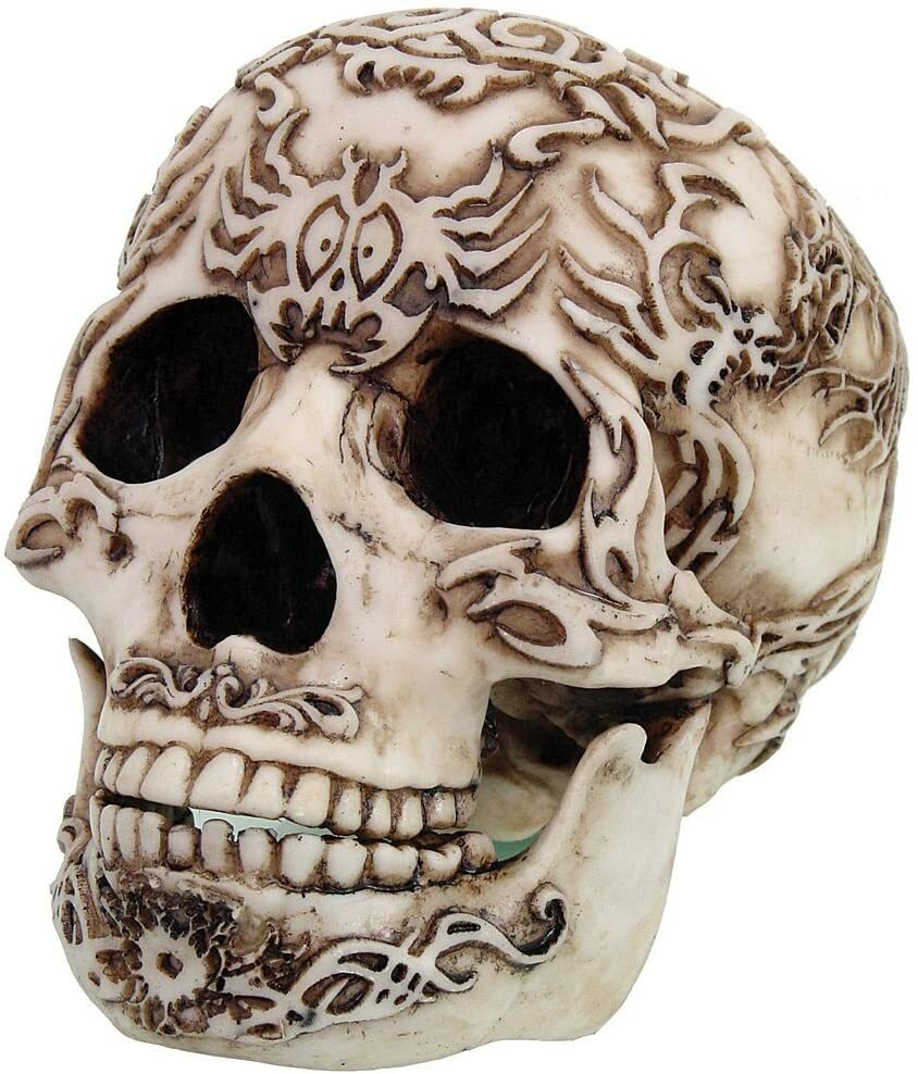 Realistic Looking Resin Skull with Hand Painted Engraved Tattoo Patterns