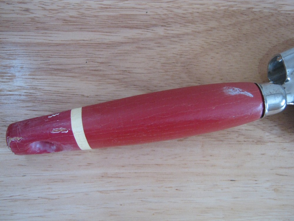 Vintage EKCO A&J Pull-Through Kitchen Knife Sharpener with Red Wooden Handle