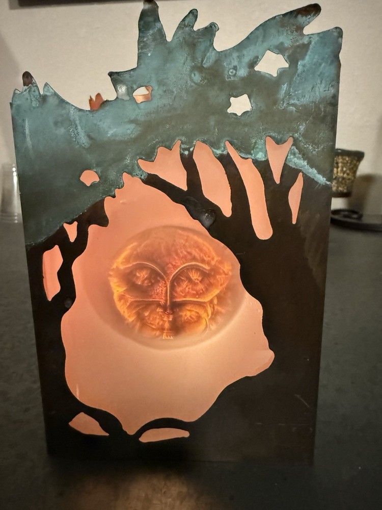Unique Copper Candle Holder, Moon Face, Signed  - 1995