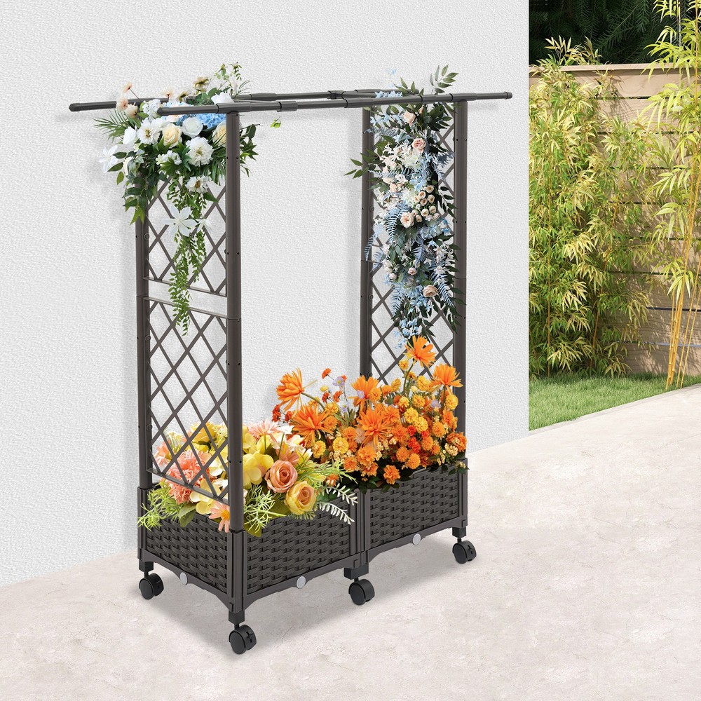 Grid-patterned Flower Box PP Planter Garden Box Brown Floor Standing with Wheels