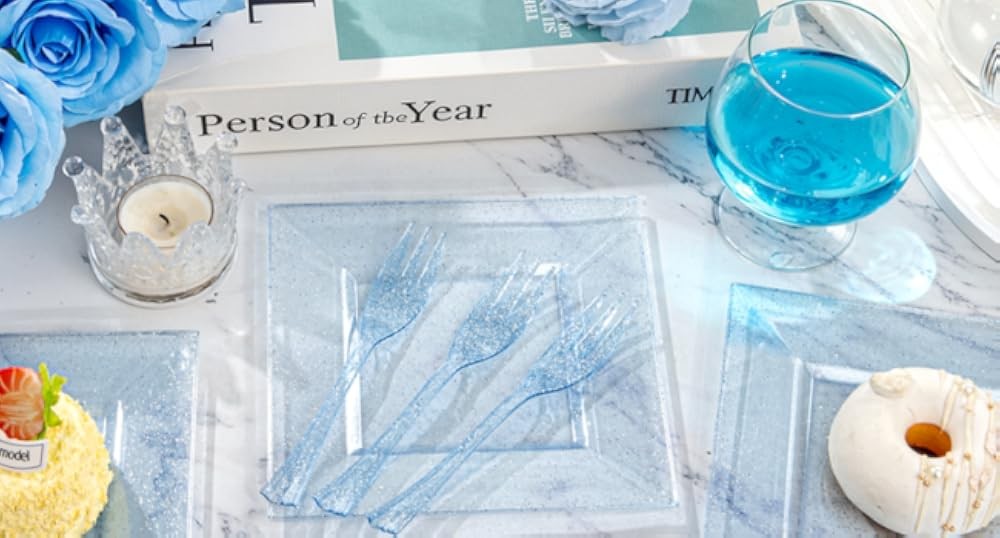 DaYmi Blue Glitter Dert Plates Including Appetizer Plates, Plastic