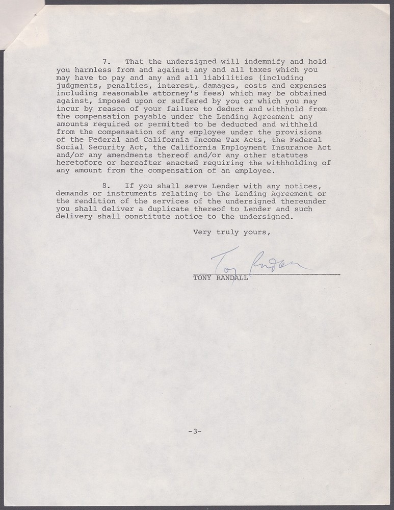 TONY RANDALL - CONTRACT SIGNED 1978