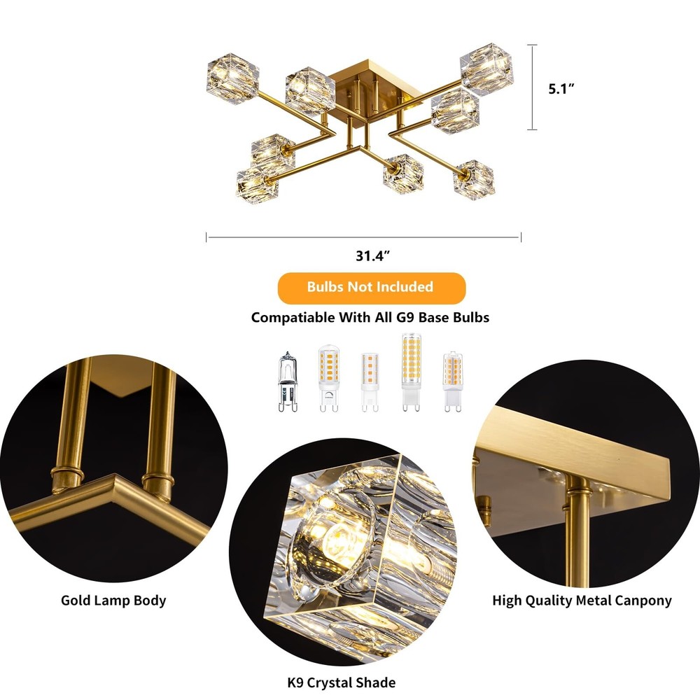 Modern Crystal Ceiling Light,Semi Flush Mount Ceiling Light Fixture with 8-Li...