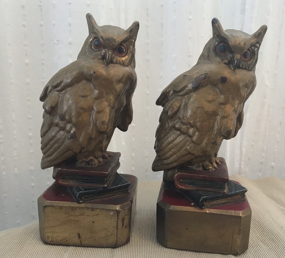 Armor Bronze Owl Sitting on Books Bookends, ca. 1925