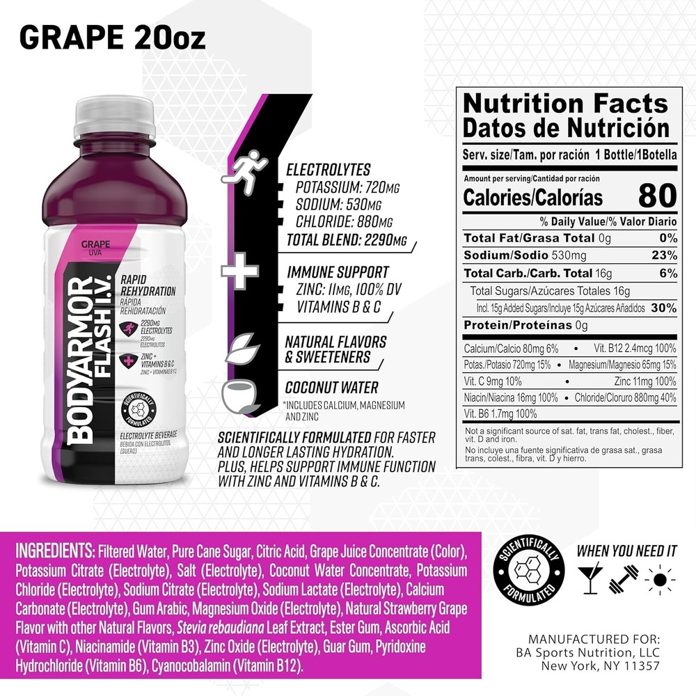 BODYARMOR Flash I.V. Electrolyte Beverage Grape Hydration Drink 20oz 24 pack