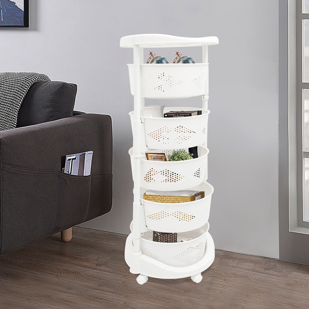 5-Tier Rotating Storage Shelf Kitchen Fruit Storage Basket Rack w/ Wheel