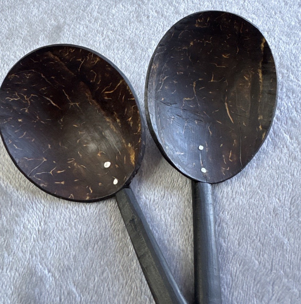 Hand Carved Coconut Shell Serving Spoons Set Wood Handle Boho 8”