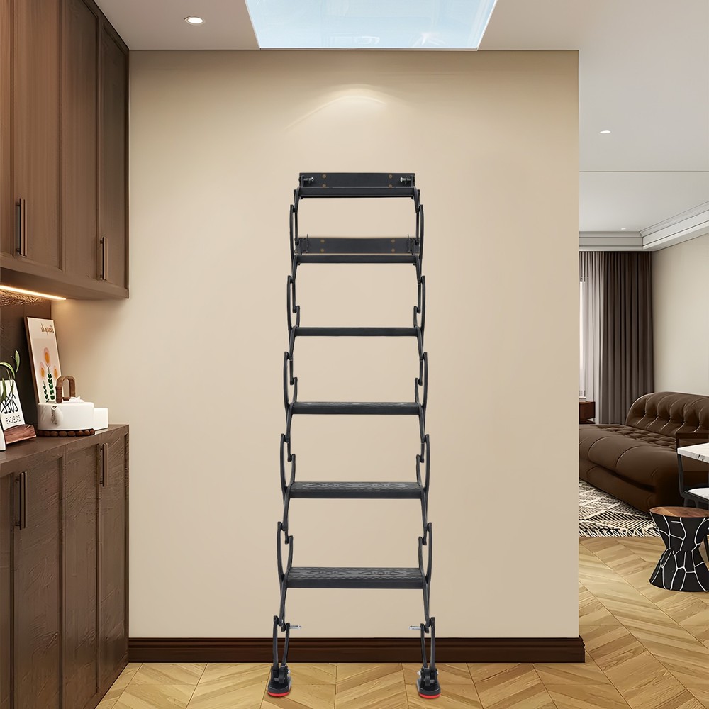 6-Step Wall Mounted Folding Ladder, Black Retractable Telescoping Step Stairs