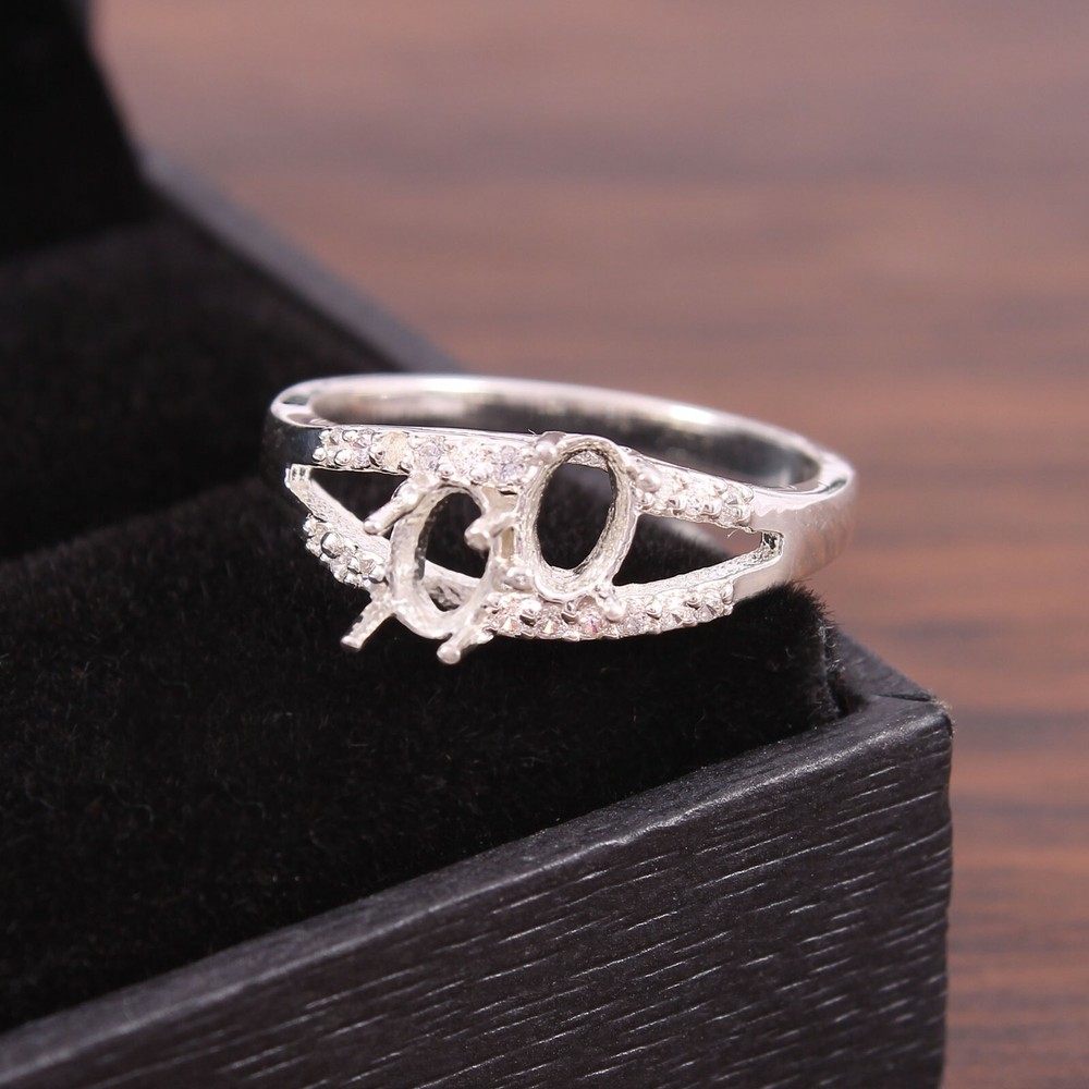 Engagement Ring Semi Mount Ring 2 Piece Setting Size 6X4 MM Sterling Silver