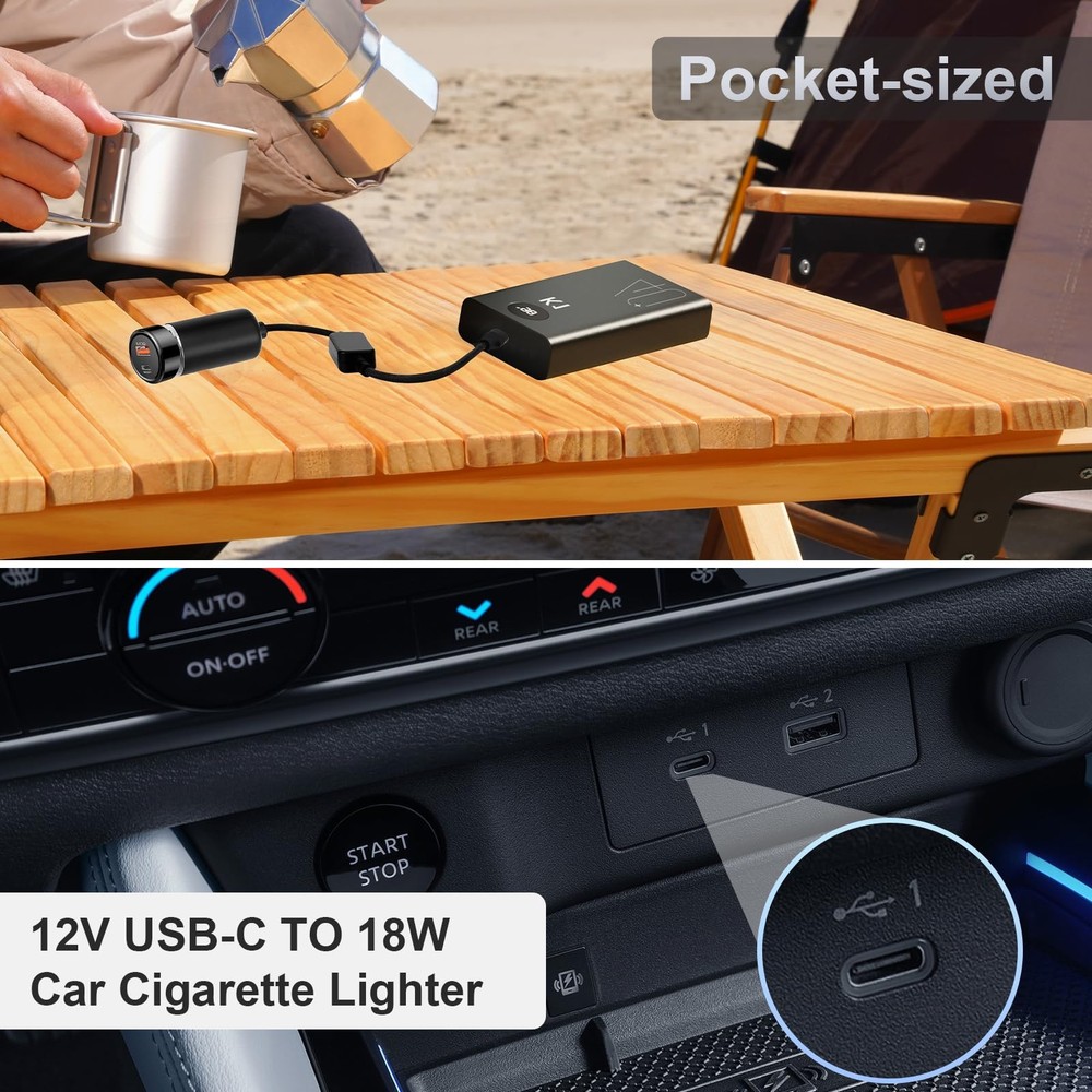 WYMECT USB C to 12V Adapter, C Cigarette Lighter Adapter black