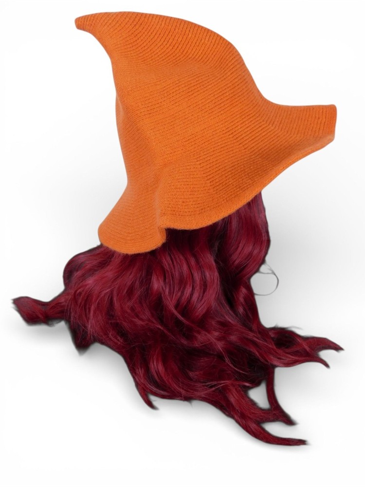 Orange Knit Pointy Witch Hat Soft Textured Wide Brim Accessory