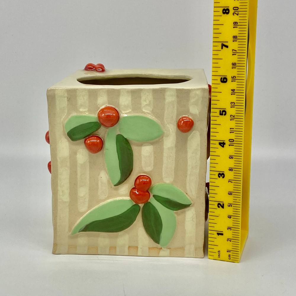 Studio Art Pottery Ceramic Tissue Box Cover Square Leaves Berries Maximalist