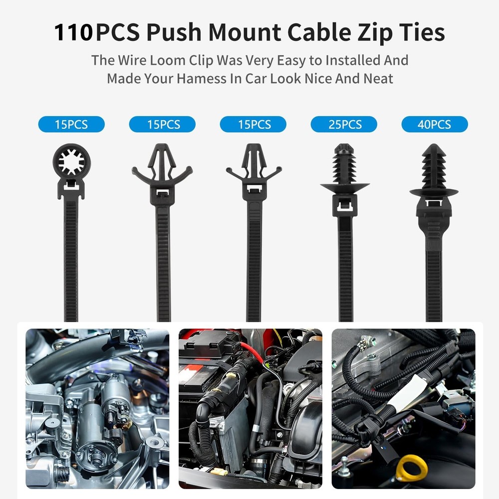 110 PCS Automotive Installation Black Push Mount Cable Zip Ties Assorted Size...