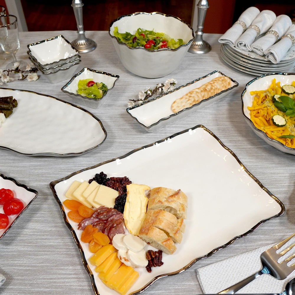 Regency Silver Porcelain Rectangular Platter Scalloped Edges Metallic