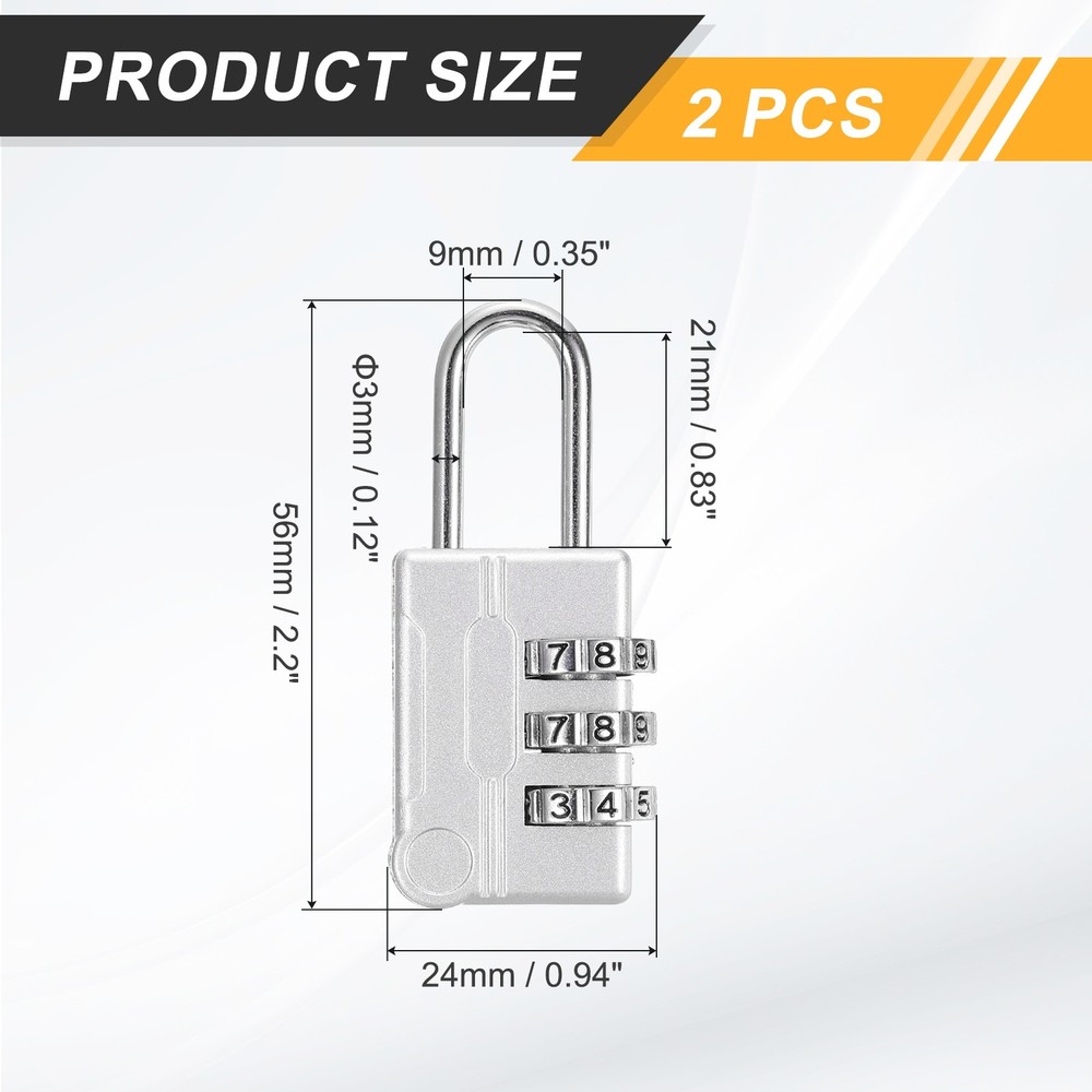 2Pcs Resettable 3 Digit Combination Lock Code Padlock, Gray (56 x 24mm)